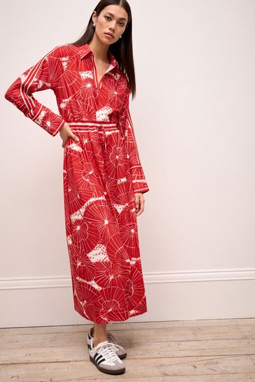 Red Umbrella Print Long Sleeve Column Midi Dress