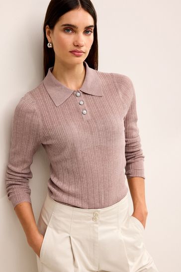 Blush Pink Gem Button Polo Neck Jumper