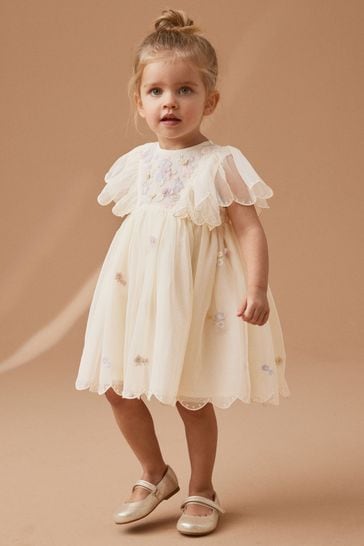 Cream Embroidered Mesh Party Dress (3mths-7yrs)