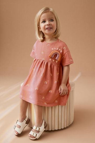Neutral Rainbow Short Sleeve Cotton Jersey Dress (3mths-7yrs)