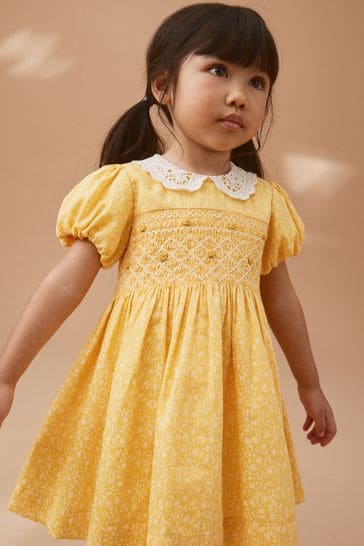 Yellow Lace Collar Shirred Dress (3mths-8yrs)