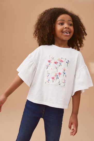 White Textured Floral Applique Frill Sleeve T-Shirt (3-16yrs)