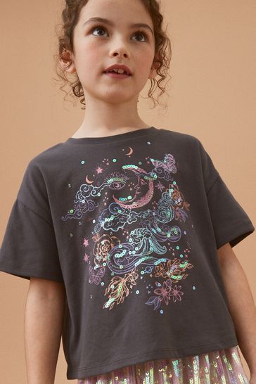 Charcoal Grey Sequin Celestial T-Shirt (3-16yrs)