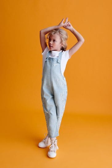 Light Blue Denim Daisy Embroidered Dungarees (3-16yrs)