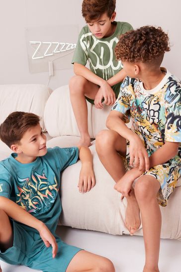 Blue Green Graffiti Short Pyjamas 3 Pack 3 16yrs