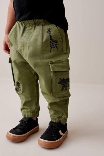 Khaki Green Animals Cargo Trousers (3mths-7yrs)