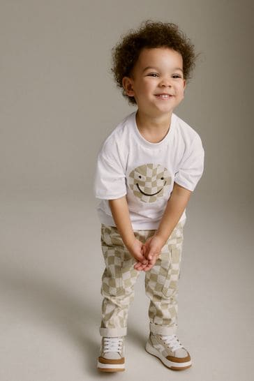 Neutral Checkerboard Side Pocket Trousers and T-Shirt Set (3mths-7yrs)