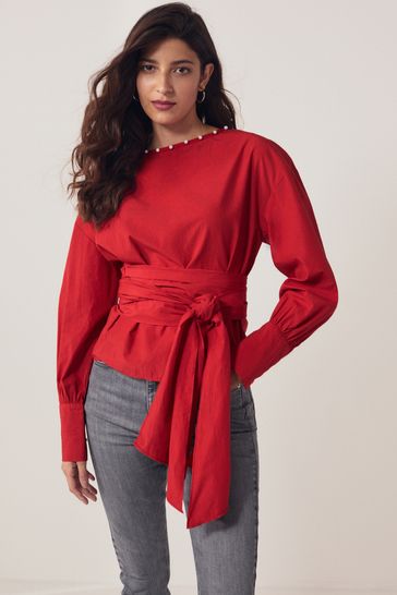 Red Long Sleeve Wrap Pearl Detail Shirt
