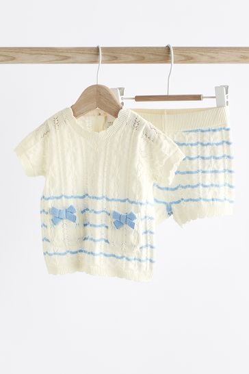 White/Blue Stripe Baby Knitted Top and Shorts Set (0mths-2yrs)