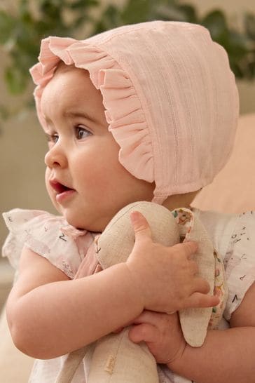 Pink Frill Woven Baby Bonnet Hat (0mths-2yrs)
