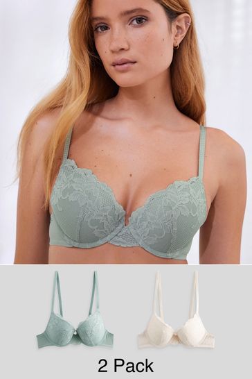 Mint Green/Cream Push Up Pad Plunge Lace Bras 2 Pack