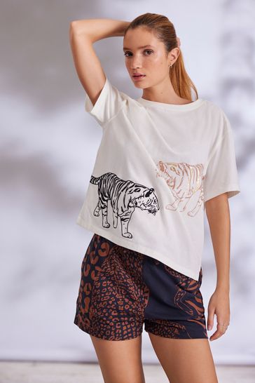 Krémszínű Tiger Cotton rövidnadrágok Beállítás Pizsamák