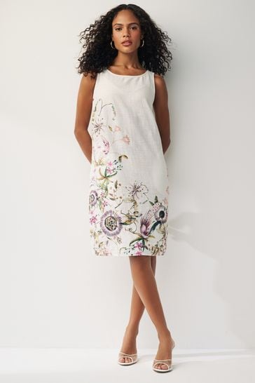 Ecru Cream Floral Linen Blend Sleeveless Shift Dress
