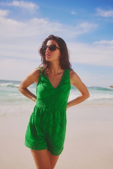 Green V-Neck Crochet Playsuit