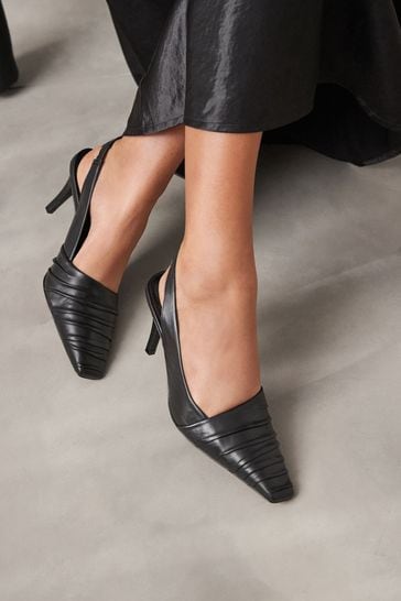 Black Signature Leather Ruched Slingback Heels