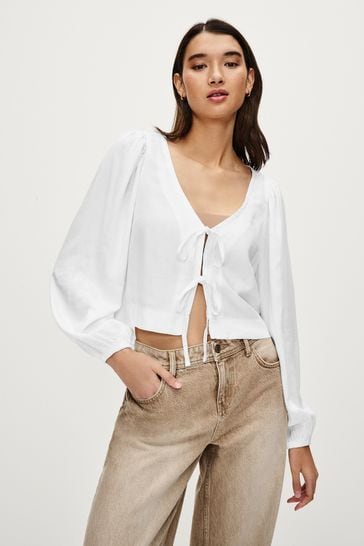 White Tie Front Blouse with Linen