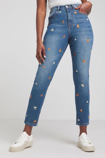 Simply Be Slim Mom Blue Fruit Embroidered Jeans