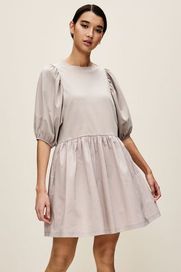Grey Puff Sleeve Mini Jersey Dress