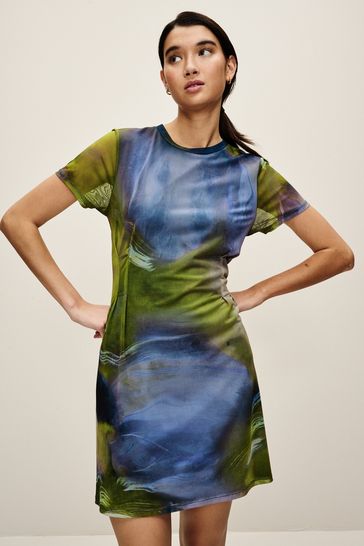 Blue/Green Blur Print Mesh Corset Detail Mini Dress