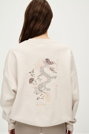 Grey Dragon Back Graphic Neutral Oatmeal Crew Neck Sweatshirt