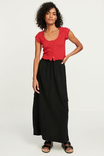 Black Column Midi Skirt with Linen