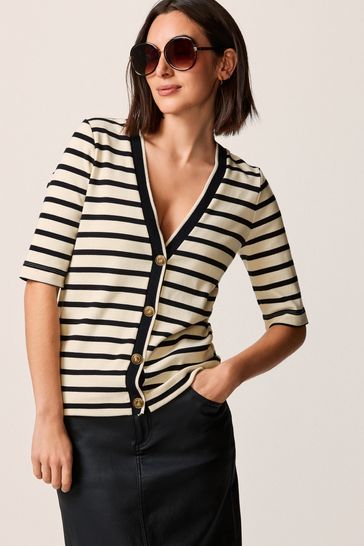 Black and Cream Striped Short Sleeve Cardigan