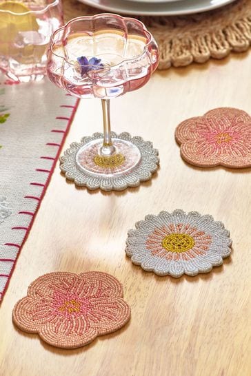 Set of 4 Pink Floral Beaded Coasters