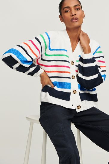 White Rainbow Stripe Button Through Cardigan