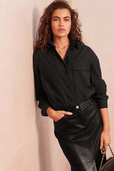Black Utility Ruched Side Long Sleeve Shirt