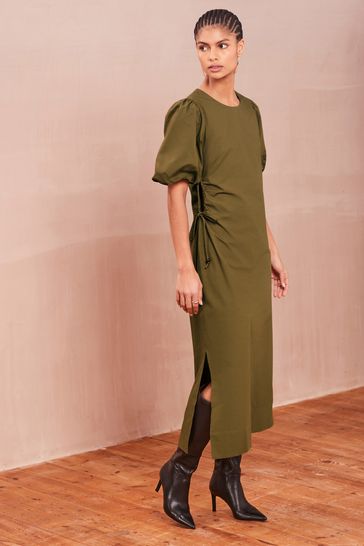 Khaki Green Ruched Side Puff Sleeve Midi Dress