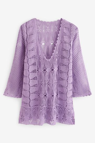 Lilac Purple Long Sleeved Crochet Dress
