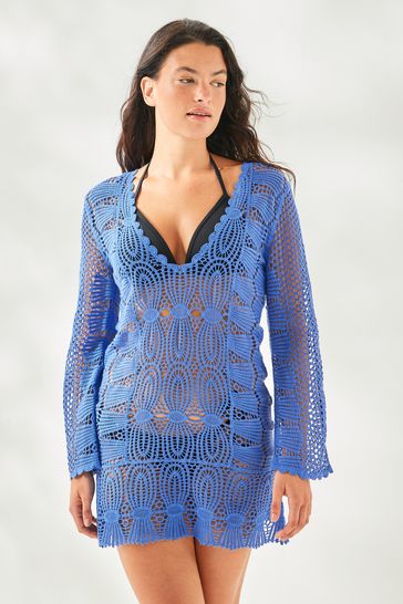 Buy Cobalt Blue Long Sleeved Crochet Dress from Next Luxembourg