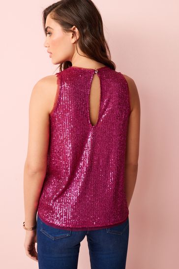 Pink Sleeveless Sequin Vest Party Top