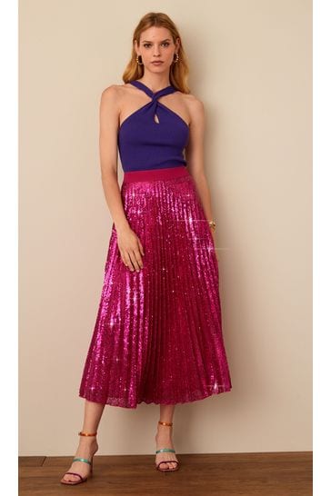 Pink Sequin Pleated Midi Party Skirt