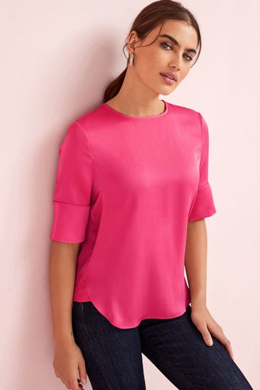 Bright Pink Curved Hem Satin Formal T-Shirt Top