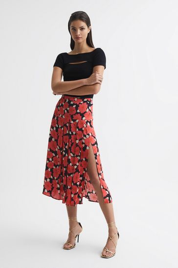 High waisted coral outlet pleated skirt