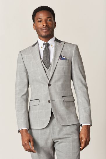 Light Grey Slim Fit Trimmed Check Suit: Jacket