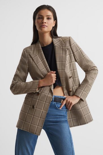 Reiss Brown Sandie Double Breasted Check Blazer