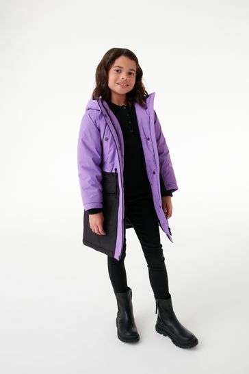 Purple Colourblock Waterproof Longline Coat (3-16yrs)