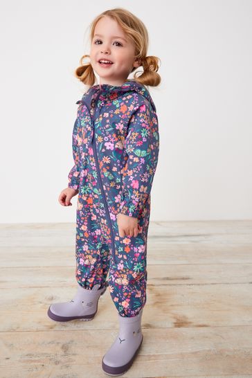 Navy Floral Waterproof Fleece Lined Printed Puddlesuit (3mths-7yrs)