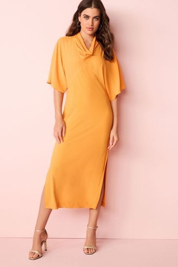 Orange Cowl Neck Short Sleeve Midi Dress