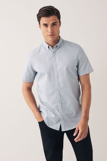 Grey Geo Print Slim Fit Short Sleeve Stretch Oxford Shirt