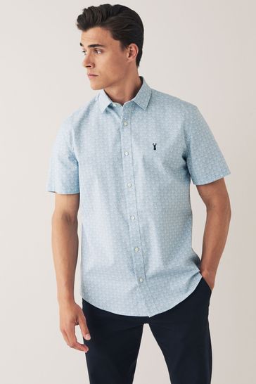 Blue Geo Print Slim Fit Short Sleeve Stretch Oxford Shirt