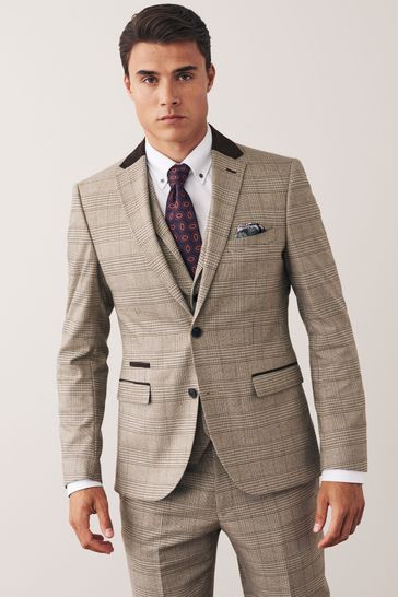 Taupe Brown Trimmed Check Suit: Jacket