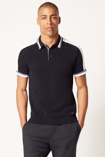 Navy Blue Grey Panel Knitted Polo Shirt