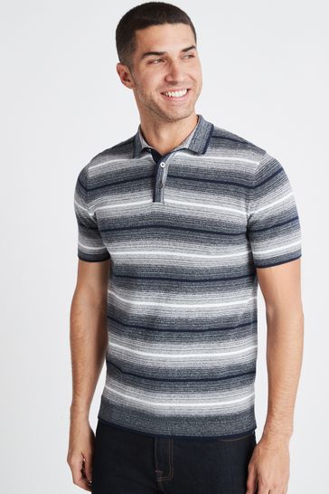 Navy Ombre Horizontal Stripe Knitted Polo Shirt