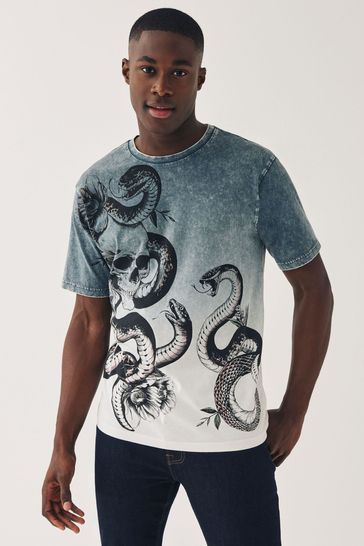 Grey Dip Dye Snake Skull Print T-Shirt