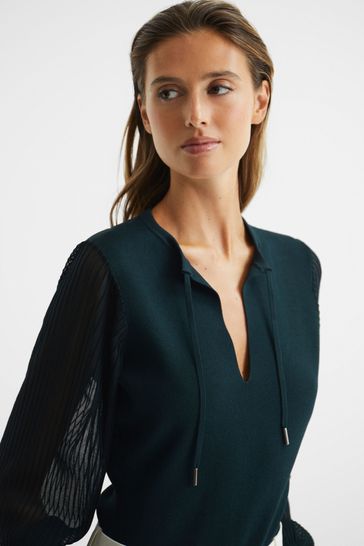Reiss Teal Sloane Hybrid Knitted Semi-sheer Sleeve Top