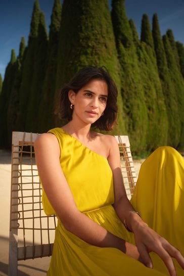 Mustard satin top pleated midi dress