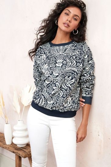 Morris & Co Indian Blue and White Printed Sweatshirt